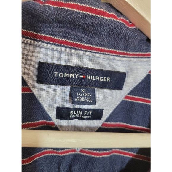 Tommy Hilfiger Stripped Button Down Shirt Mens Size XL Slim Fit Blue Red Preppy - Picture 3 of 5